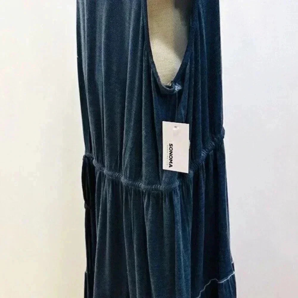 NWT SONOMA Women Sleeveless Blue Tie Elastic Waist Scoop Neck Maxi Dress Size 4X - Picture 5 of 11